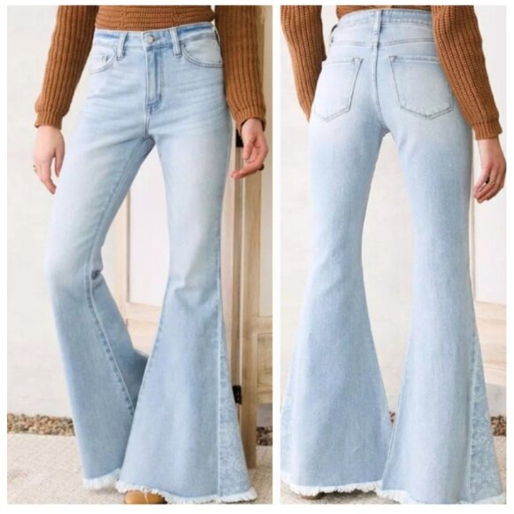 KanCan High Rise Extreme Flare Jeans 29 X 33.5 Light Wash Raw Hem - Picture 1 of 9